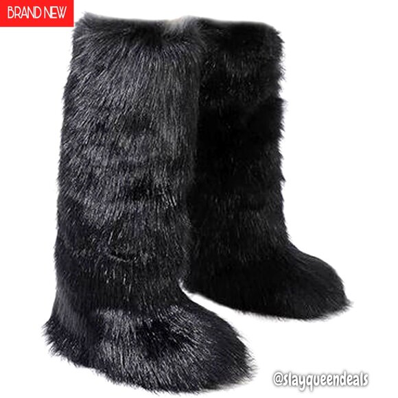 Knee-High Faux Fur Boots Winter Fluffy Snow Boots Women's Warm Fuzzy Boots